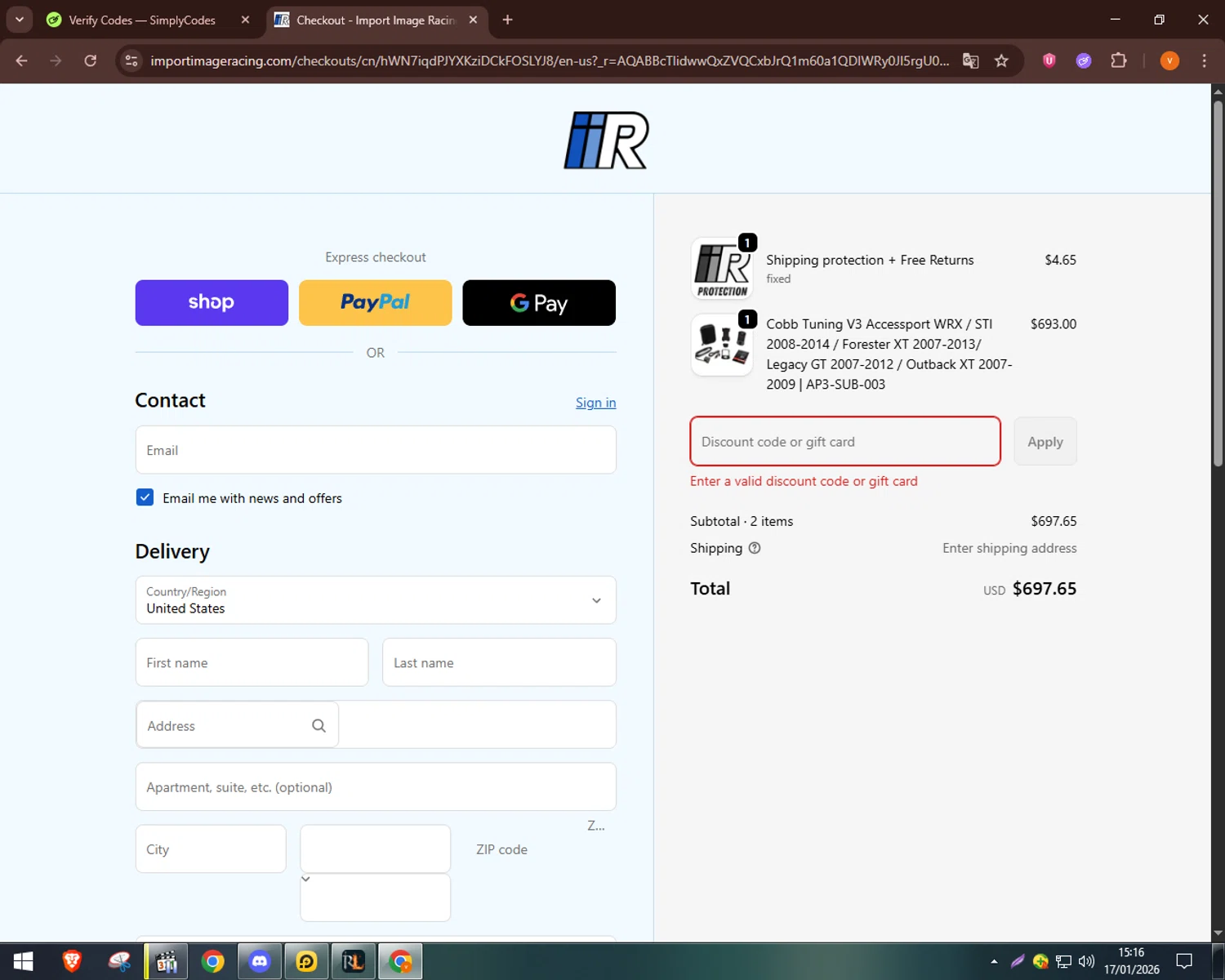 Import Image Racing promo code screenshot showing code JULY4 applied at Import Image Racing checkout page. Uploaded by SimplyCodes community member bulbasaur69 on Jan 17, 2026