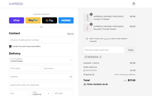 imPRESS Beauty checkout page showing imPRESS Beauty coupon code box | Screenshot taken by SimplyCodes community member on Sep 12, 2025