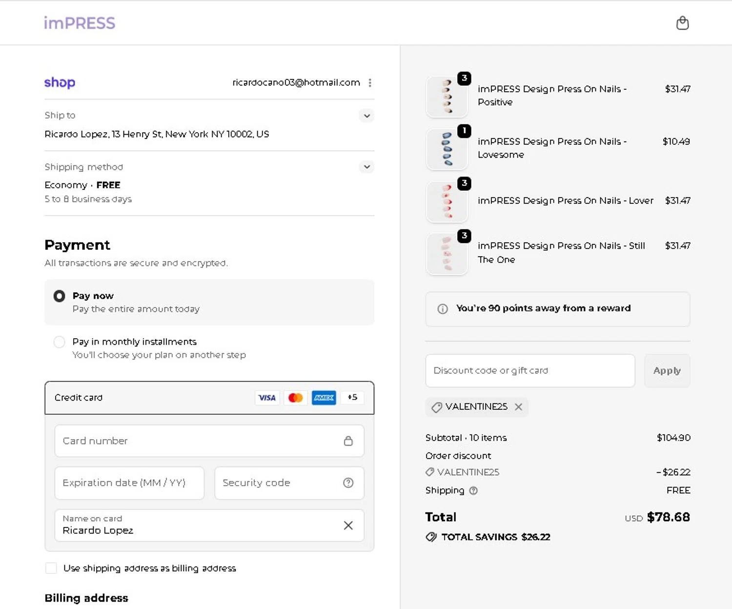 imPRESS Beauty promo code screenshot showing code valentine25 applied at imPRESS Beauty checkout page. Uploaded by SimplyCodes community member LAMINEJAMAL on Jan 31, 2026