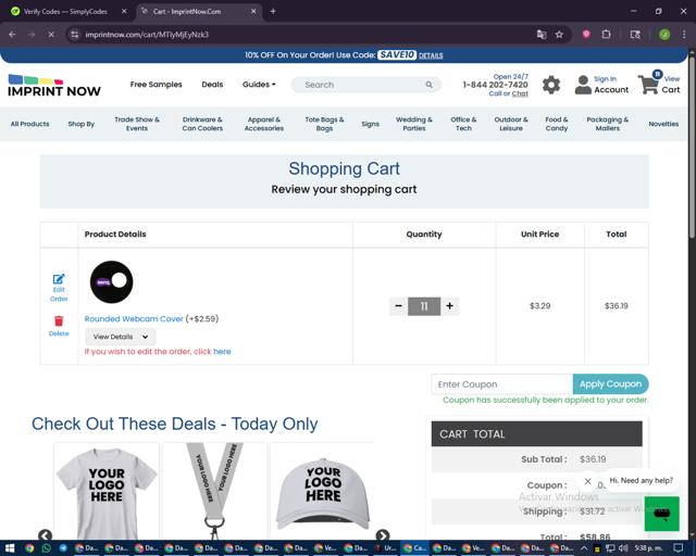Imprint Now checkout page showing Imprint Now coupon code box | Screenshot taken by SimplyCodes community member on Sep 9, 2025