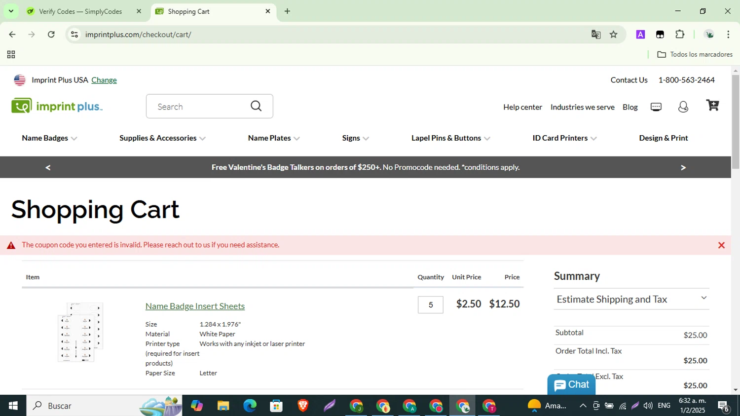 Imprint Plus coupon code screenshot showing code AFFREESHIP applied at Imprint Plus checkout page. Uploaded by SimplyCodes community member ShrewdSaver8478 on Feb 1, 2025