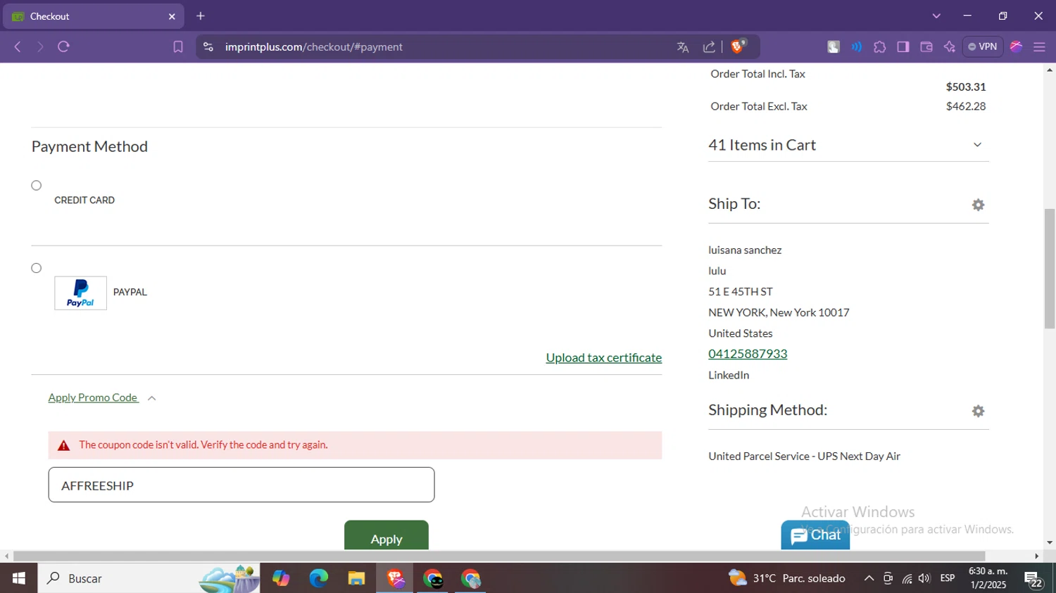 Imprint Plus coupon code screenshot showing code AFFREESHIP applied at Imprint Plus checkout page. Uploaded by SimplyCodes community member LegendaryPro7106 on Feb 1, 2025