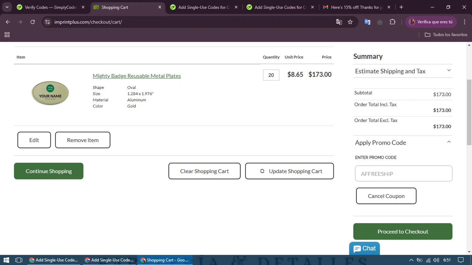 Imprint Plus checkout page showing Imprint Plus coupon code box | Screenshot taken by SimplyCodes community member on Dec 10, 2024