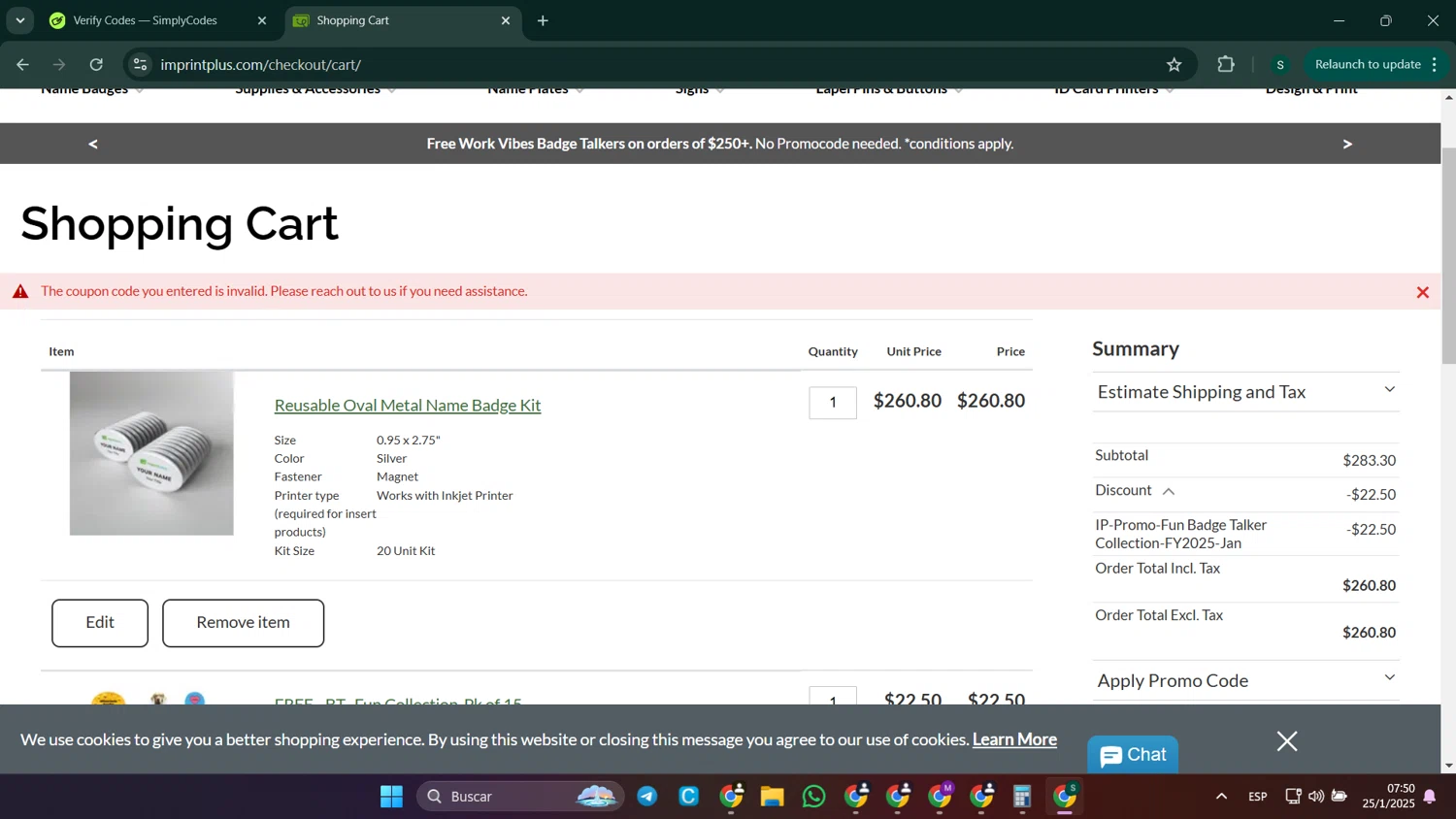 Imprint Plus coupon code screenshot showing code AFF15OFF1 applied at Imprint Plus checkout page. Uploaded by SimplyCodes community member SaleHunter9008 on Jan 25, 2025