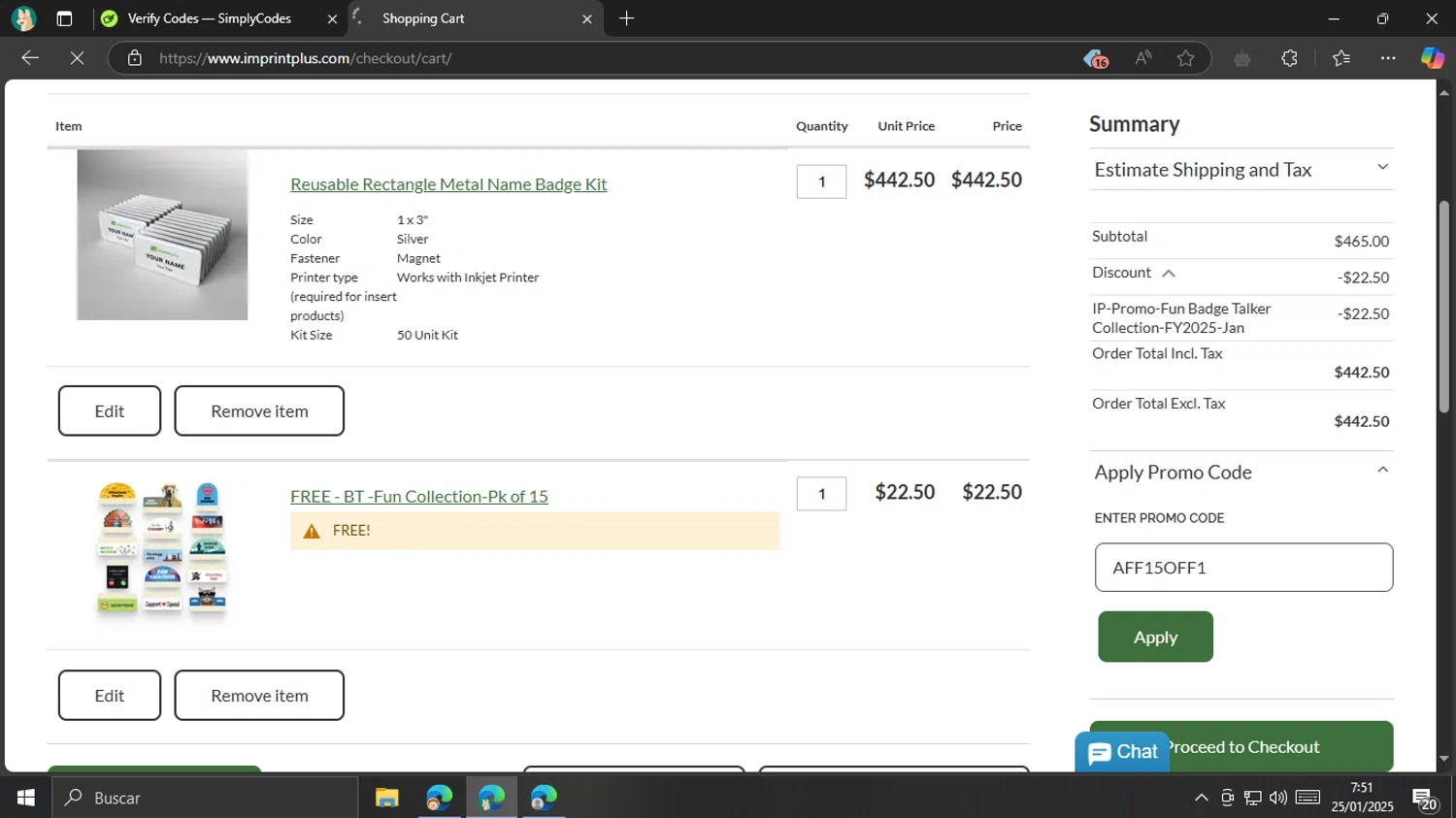 Imprint Plus coupon code screenshot showing code AFF15OFF1 applied at Imprint Plus checkout page. Uploaded by SimplyCodes community member CouponCurator5931 on Jan 25, 2025