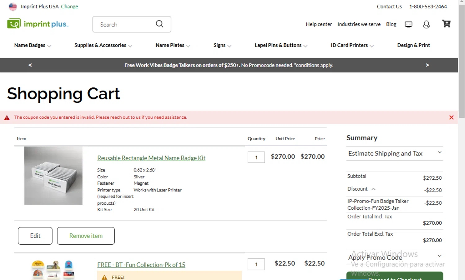 Imprint Plus coupon code screenshot showing code AFF15OFF1 applied at Imprint Plus checkout page. Uploaded by SimplyCodes community member toti2222 on Jan 25, 2025