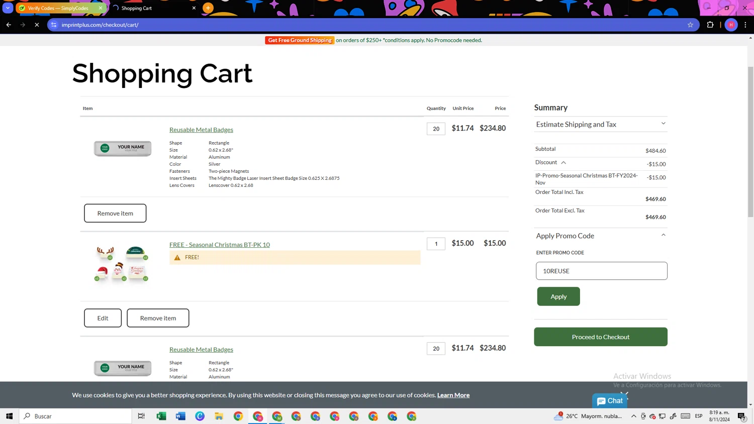 Imprint Plus checkout page showing Imprint Plus coupon code box | Screenshot taken by SimplyCodes community member on Nov 8, 2024