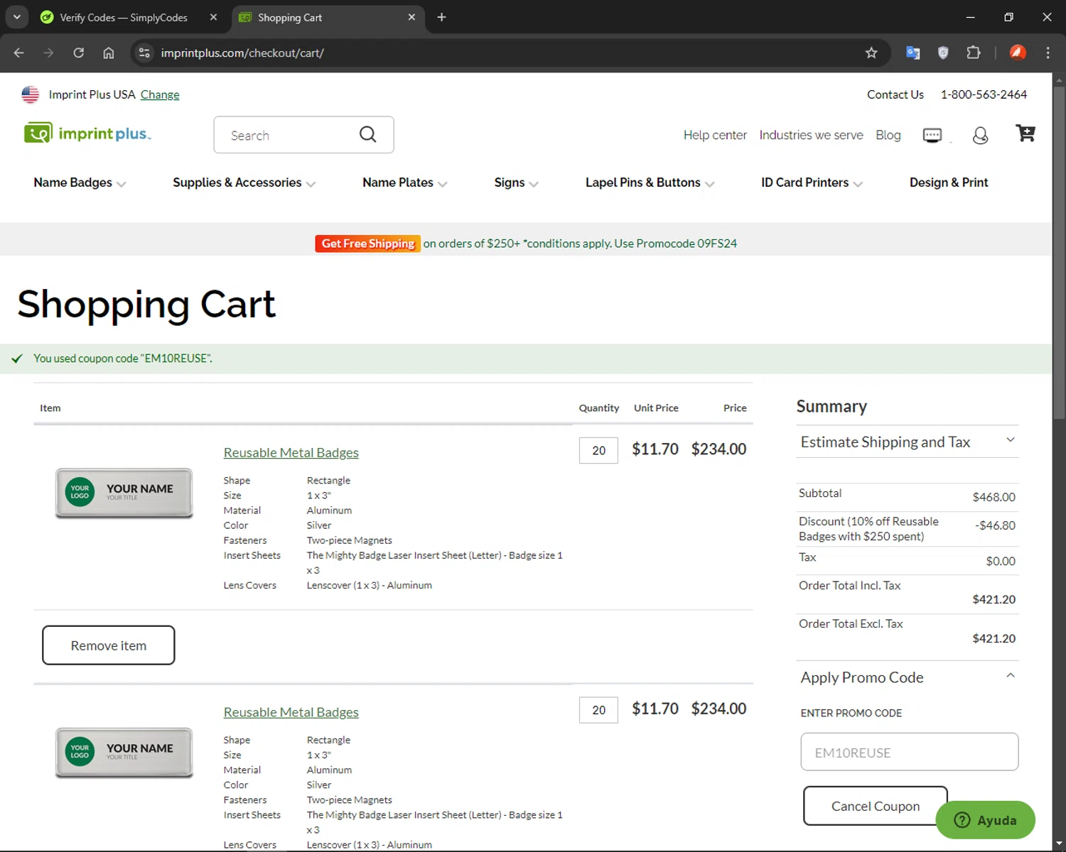 Imprint Plus checkout page showing Imprint Plus coupon code box | Screenshot taken by SimplyCodes community member on Sep 10, 2024
