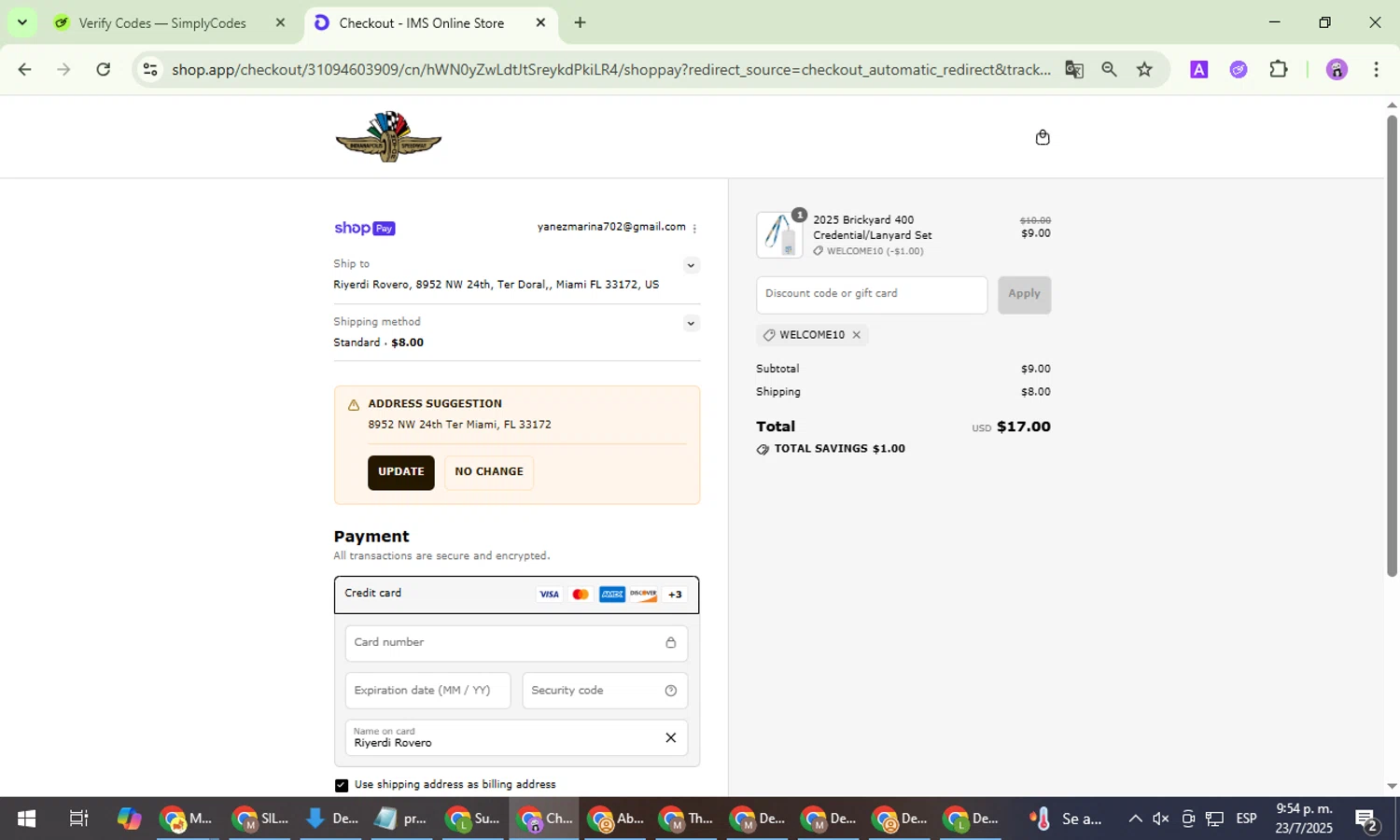 IMS Shop coupon code screenshot showing code WELCOME10 applied at IMS Shop checkout page. Uploaded by SimplyCodes community member PrimeWizard5860 on Jul 24, 2025