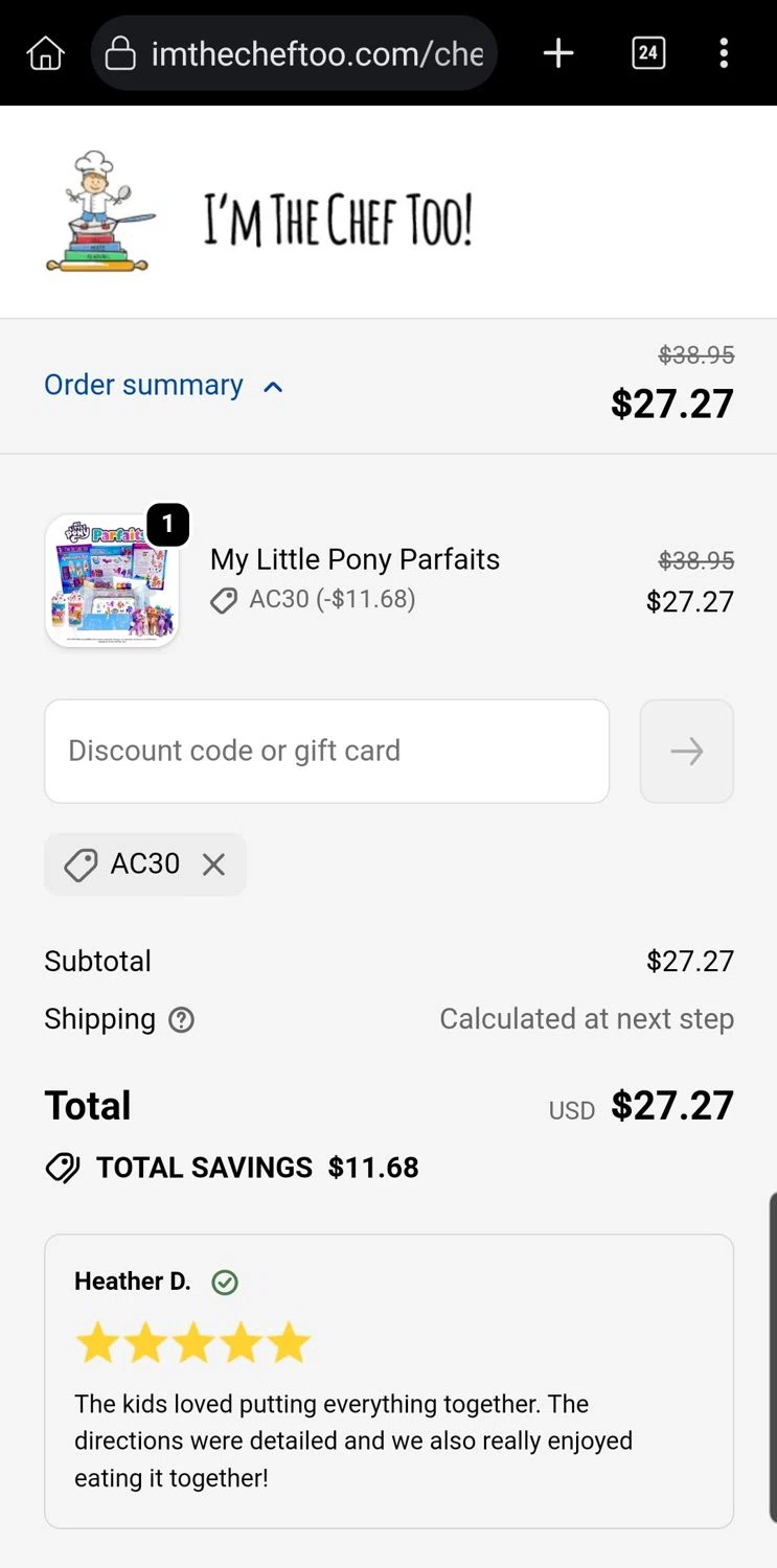 I’m The Chef Too coupon code screenshot showing code AC30 applied at I’m The Chef Too checkout page. Uploaded by SimplyCodes community member Carloslvz on Nov 1, 2025