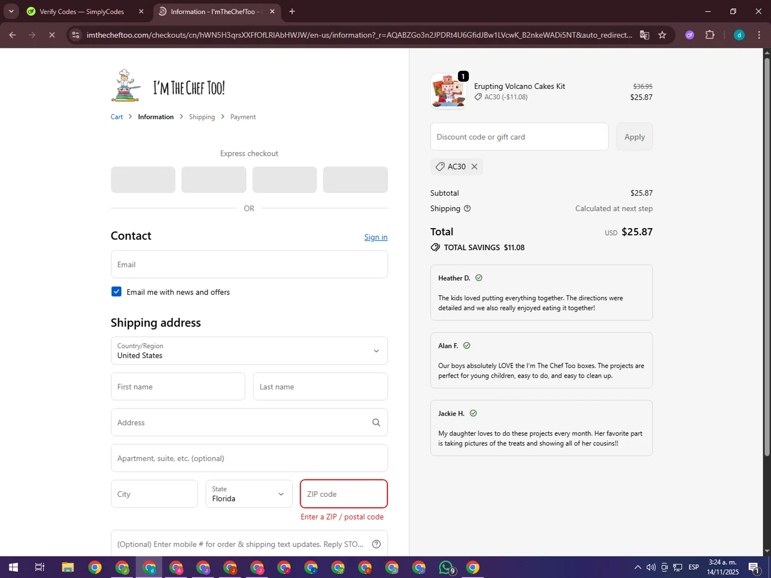 I’m The Chef Too coupon code screenshot showing code AC30 applied at I’m The Chef Too checkout page. Uploaded by SimplyCodes community member GloriousTiger3507 on Nov 14, 2025