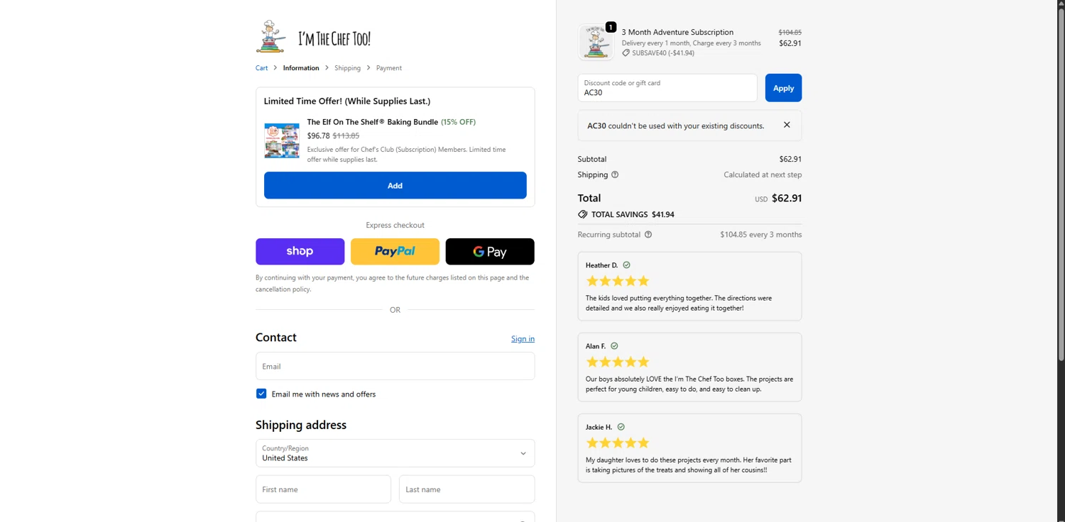 I’m The Chef Too coupon code screenshot showing code AC30 applied at I’m The Chef Too checkout page. Uploaded by SimplyCodes community member TreasureHero9595 on Dec 4, 2025