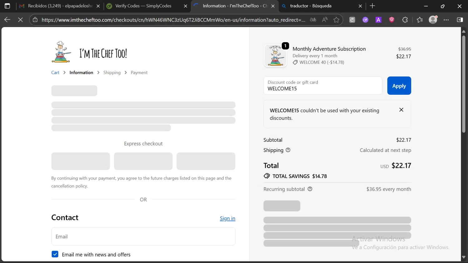 I’m The Chef Too coupon code screenshot showing code WELCOME15 applied at I’m The Chef Too checkout page. Uploaded by SimplyCodes community member Chimoltigrito on Oct 14, 2025