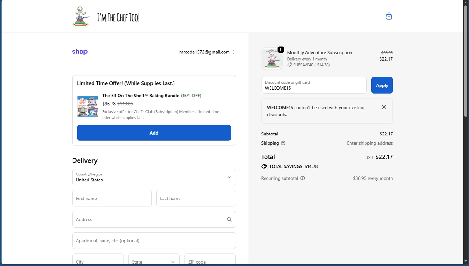 I’m The Chef Too coupon code screenshot showing code WELCOME15 applied at I’m The Chef Too checkout page. Uploaded by SimplyCodes community member TokioMiller on Dec 10, 2025