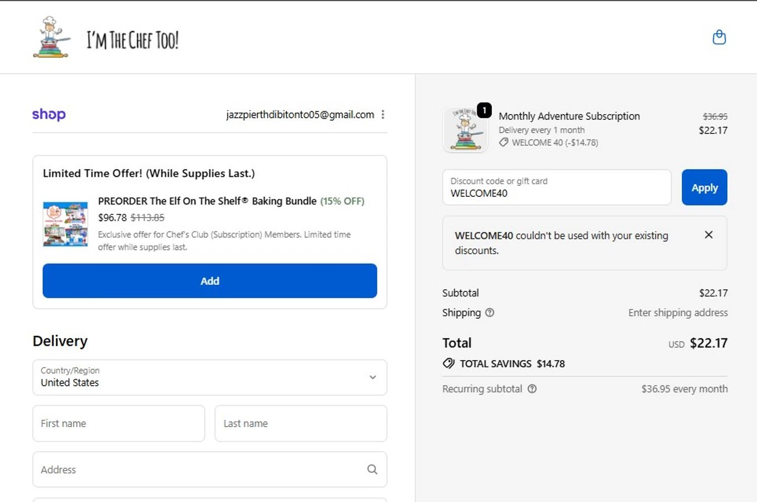 I’m The Chef Too coupon code screenshot showing code WELCOME40 applied at I’m The Chef Too checkout page. Uploaded by SimplyCodes community member FortunateScholar5901 on Oct 27, 2025