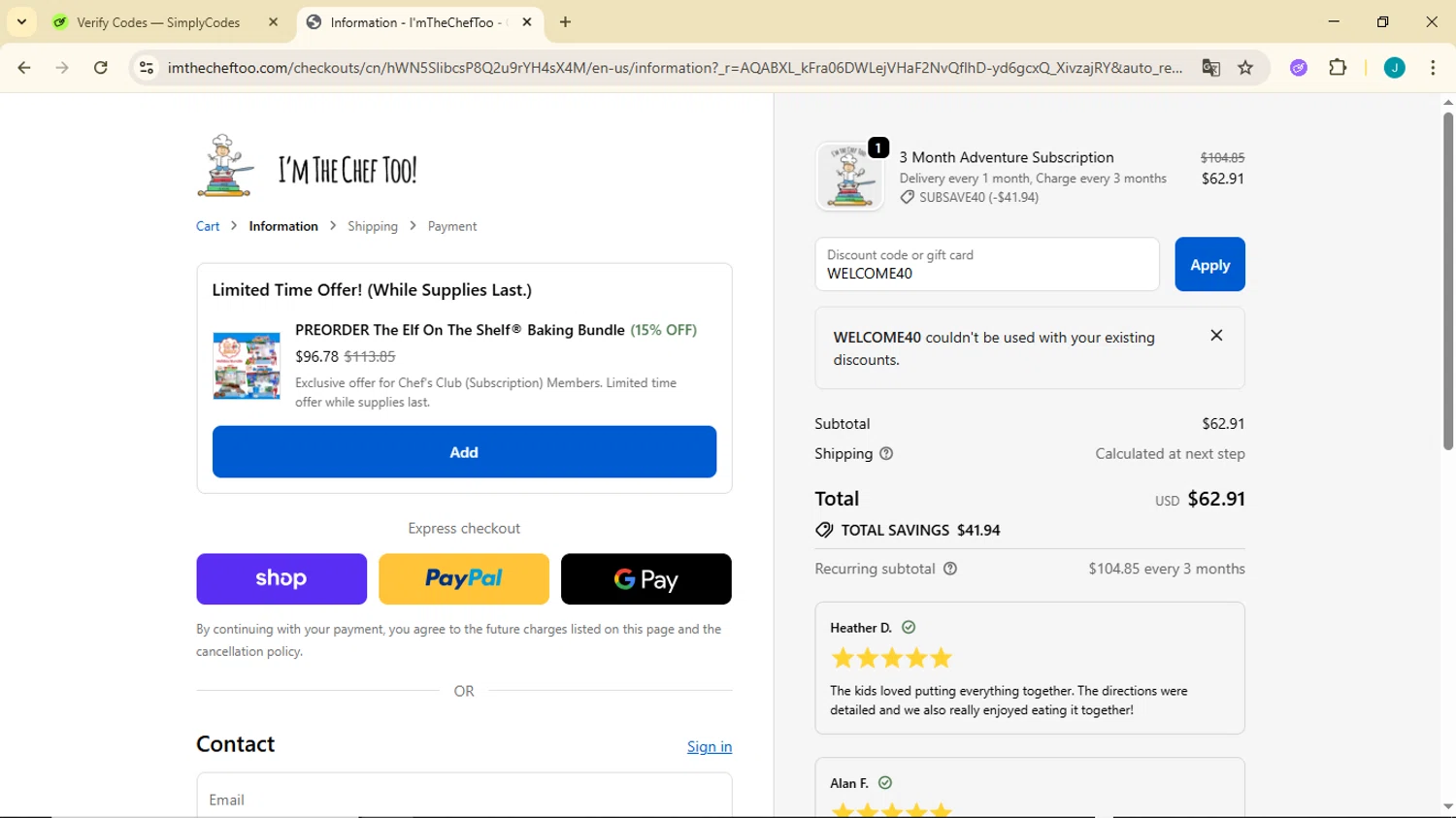I’m The Chef Too coupon code screenshot showing code WELCOME40 applied at I’m The Chef Too checkout page. Uploaded by SimplyCodes community member GoldDefender3268 on Nov 19, 2025