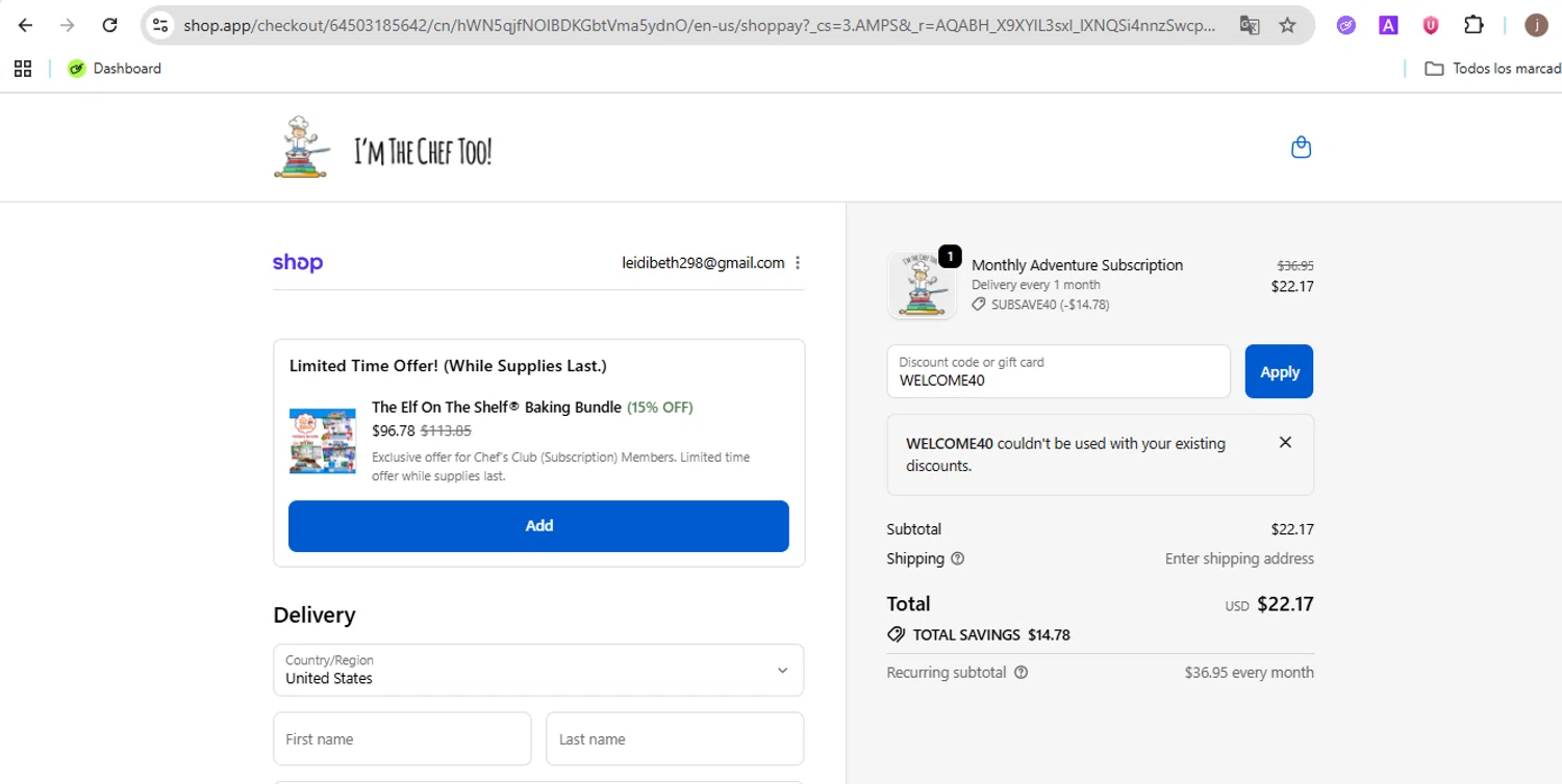 I’m The Chef Too coupon code screenshot showing code WELCOME40 applied at I’m The Chef Too checkout page. Uploaded by SimplyCodes community member Jose29 on Nov 29, 2025