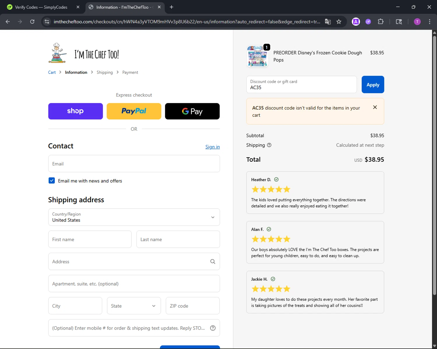 I’m The Chef Too coupon code screenshot showing code AC35 applied at I’m The Chef Too checkout page. Uploaded by SimplyCodes community member CleverFinder9623 on Oct 27, 2025