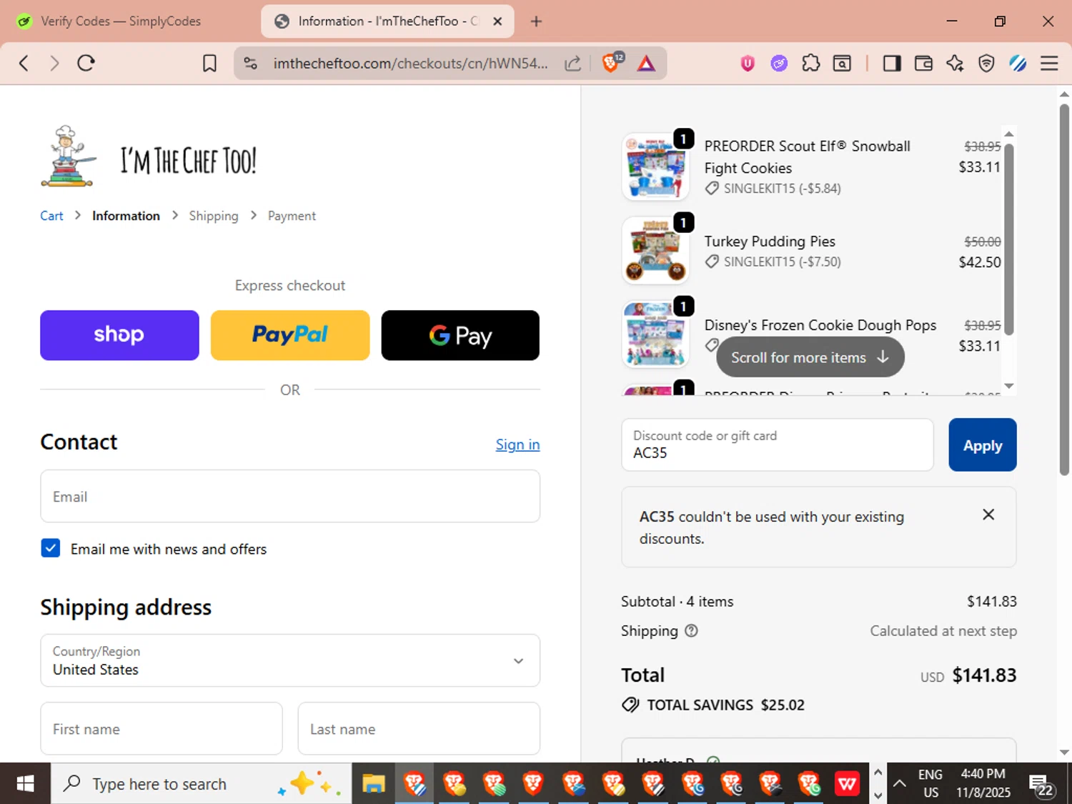 I’m The Chef Too coupon code screenshot showing code AC35 applied at I’m The Chef Too checkout page. Uploaded by SimplyCodes community member LuckyVoyager329 on Nov 8, 2025