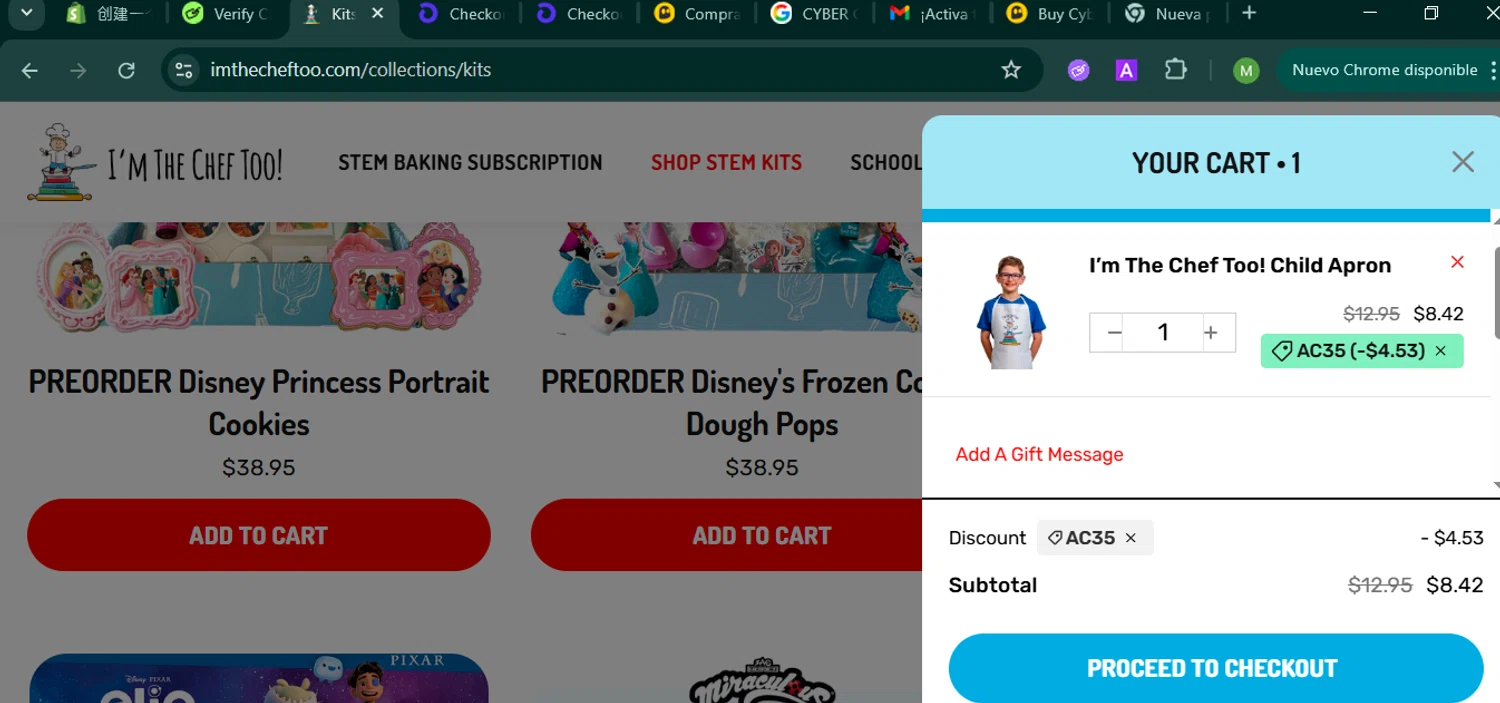 I’m The Chef Too coupon code screenshot showing code AC35 applied at I’m The Chef Too checkout page. Uploaded by SimplyCodes community member MARCVH on Nov 1, 2025