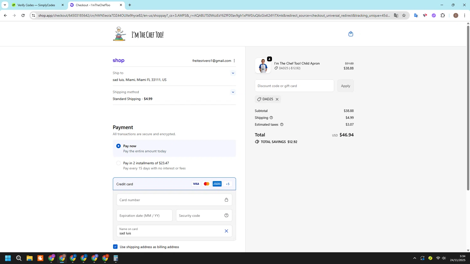 I’m The Chef Too coupon code screenshot showing code dad25 applied at I’m The Chef Too checkout page. Uploaded by SimplyCodes community member CashSleuth106 on Nov 24, 2025