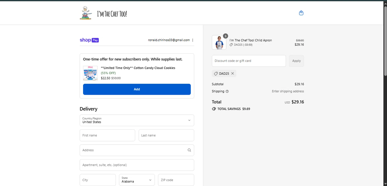 I’m The Chef Too coupon code screenshot showing code dad25 applied at I’m The Chef Too checkout page. Uploaded by SimplyCodes community member GoldAce6962 on Aug 26, 2025