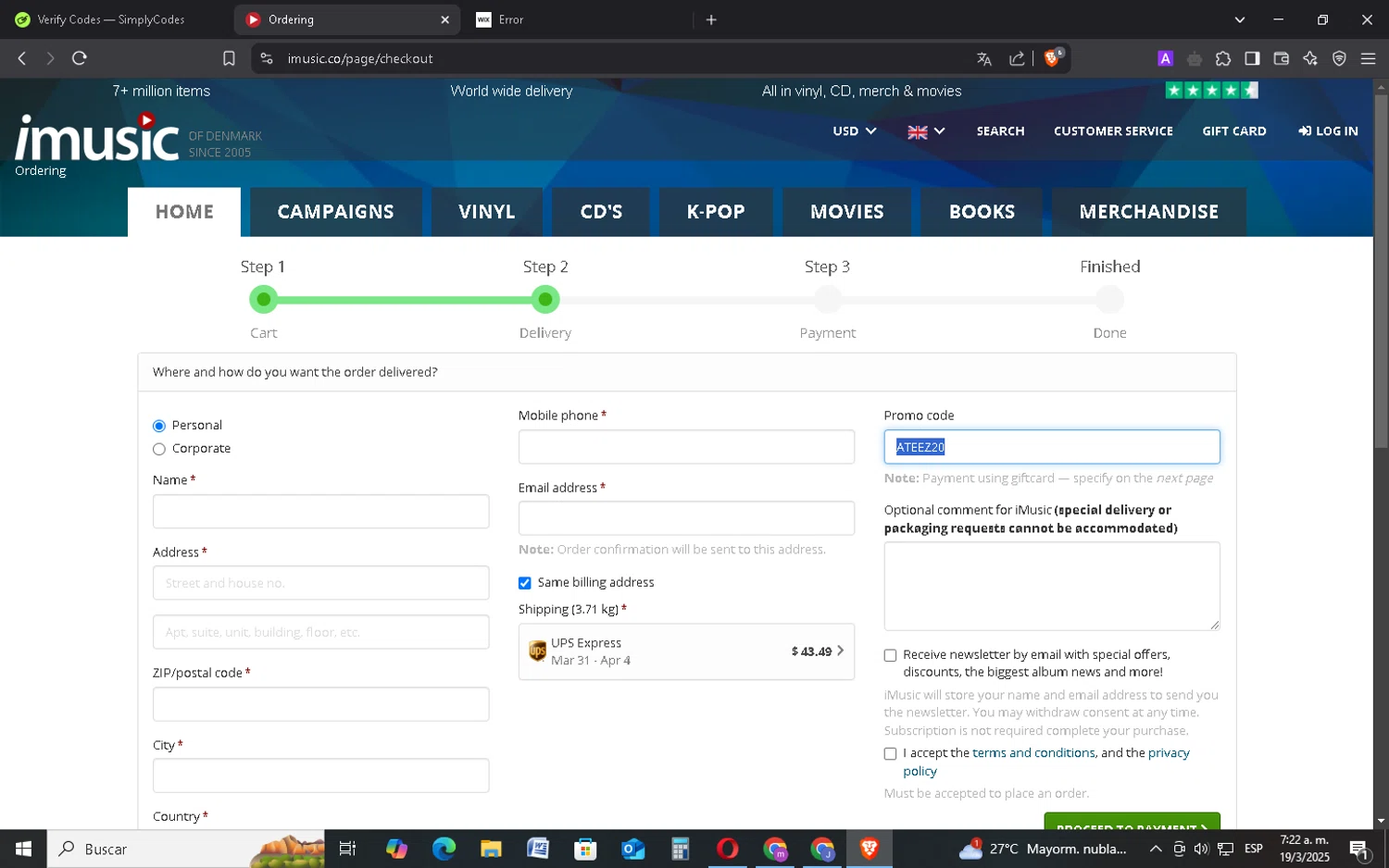 iMusic promo code screenshot showing code ATEEZ20 applied at iMusic checkout page. Uploaded by SimplyCodes community member FrugalMonarch7277 on Mar 19, 2025