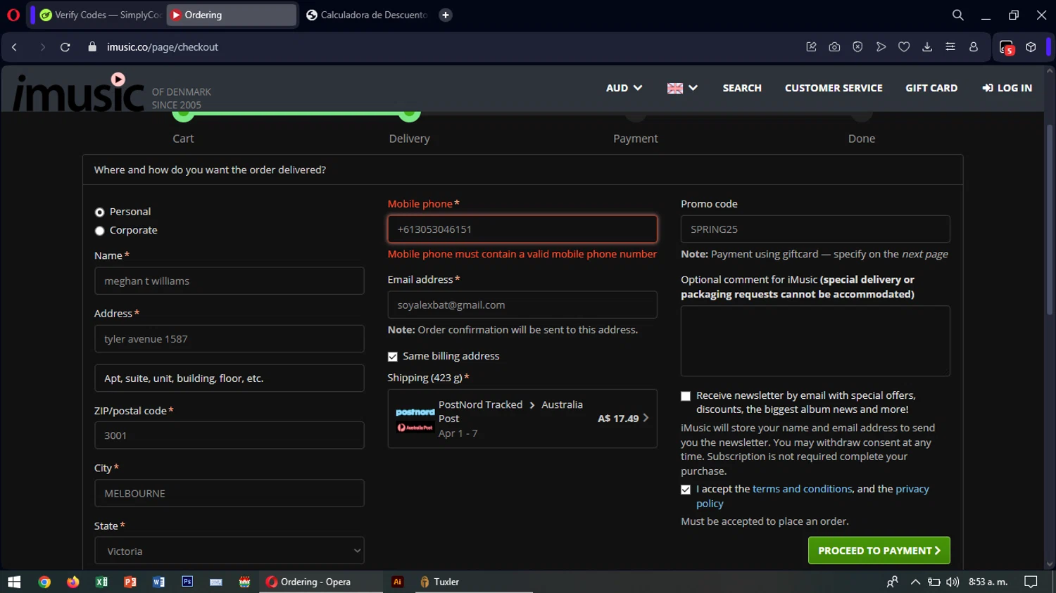 iMusic promo code screenshot showing code SPRING25 applied at iMusic checkout page. Uploaded by SimplyCodes community member SavingsTiger3479 on Mar 22, 2025