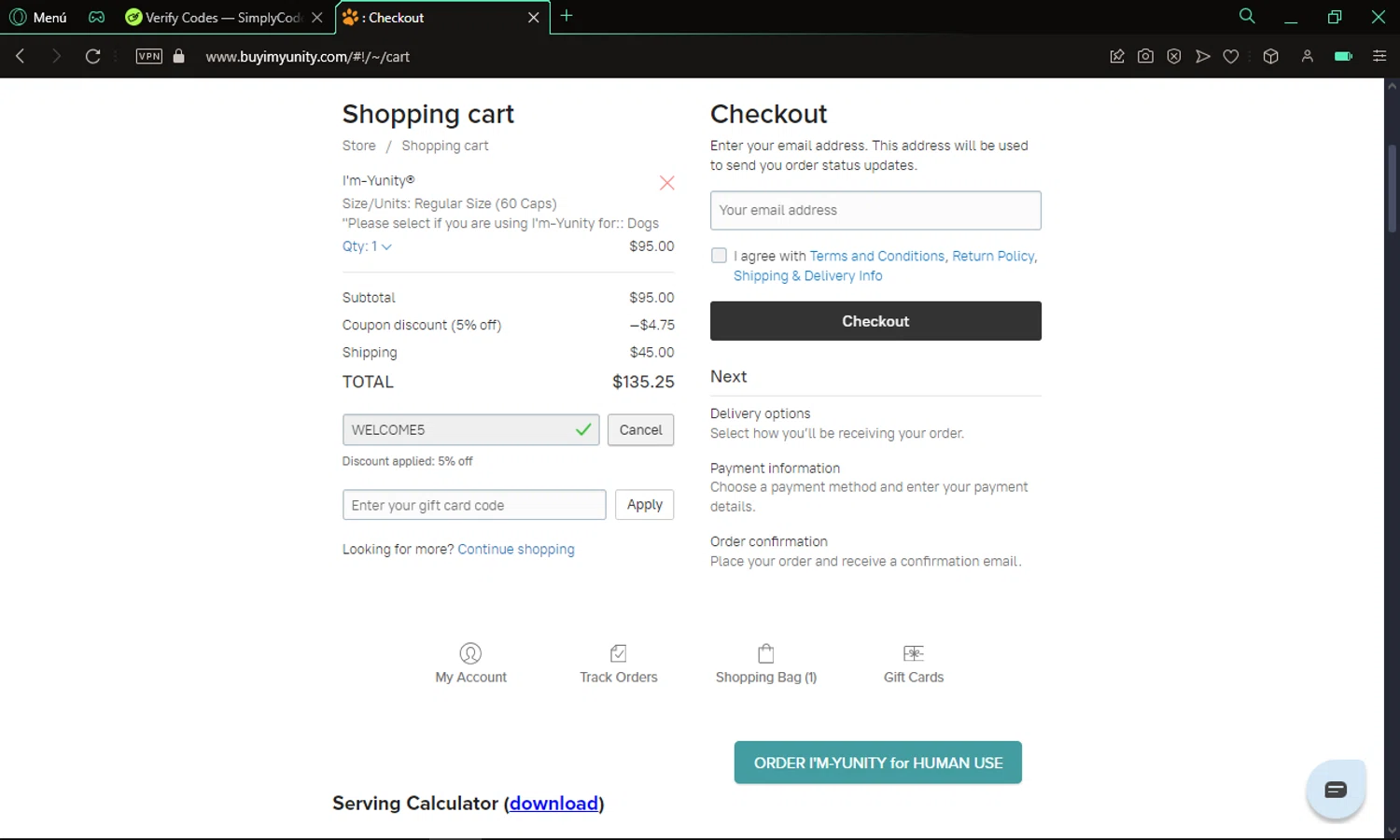 I'm-Yunity checkout page showing I'm-Yunity promo code box | Screenshot taken by SimplyCodes community member on Dec 14, 2024