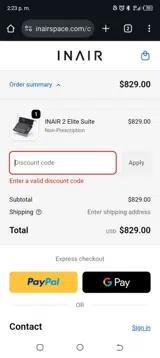 Inairspace.com coupon verification screenshot