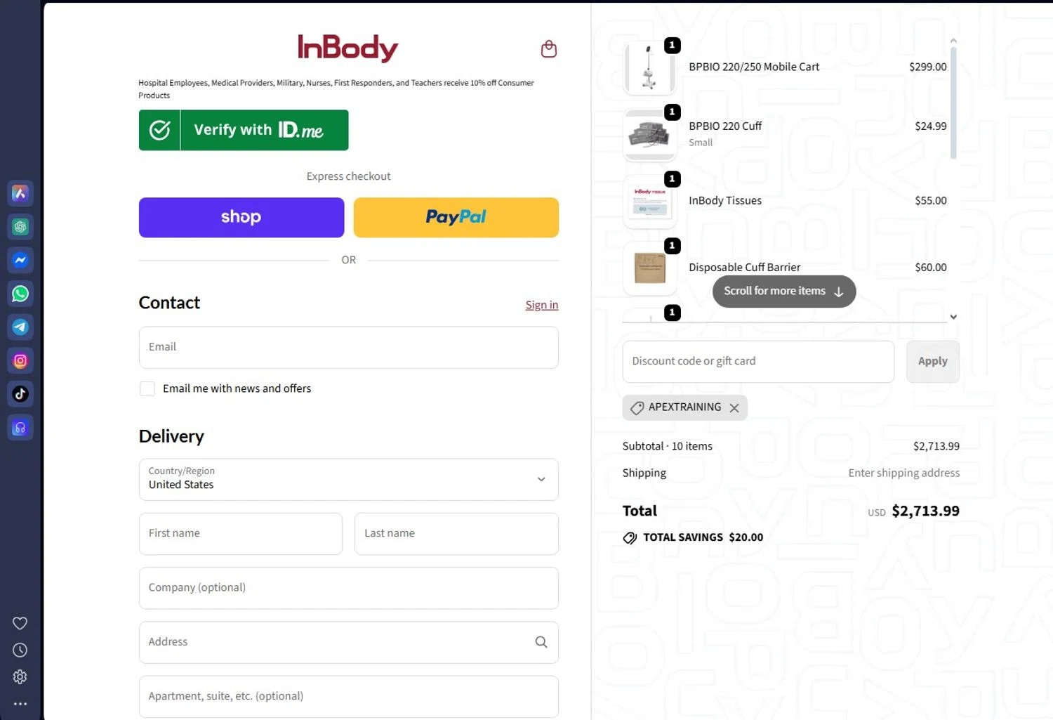 InBody USA discount code screenshot showing code APEXTRAINING applied at InBody USA checkout page. Uploaded by SimplyCodes community member andrescarreraborges on Sep 24, 2025
