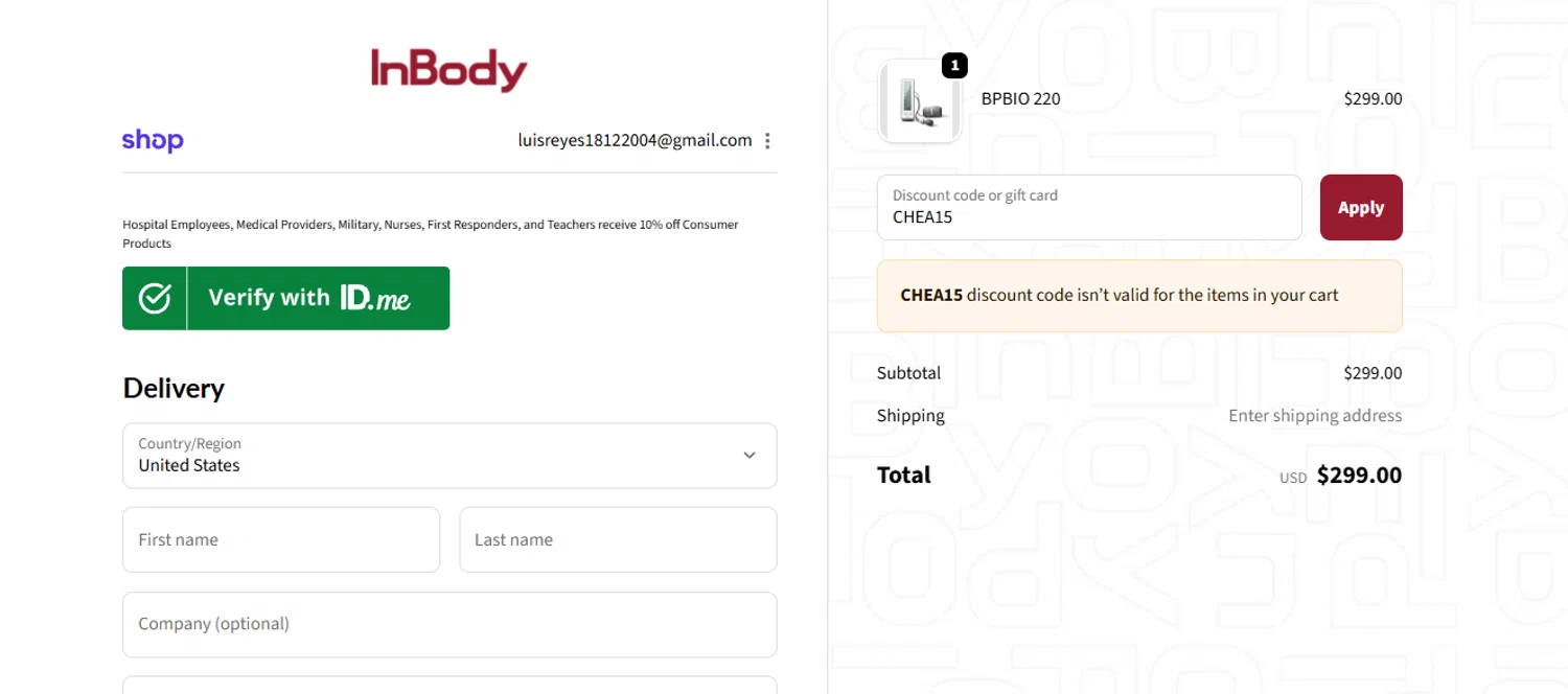 InBody USA discount code screenshot showing code CHEA15 applied at InBody USA checkout page. Uploaded by SimplyCodes community member PrimeFalcon5548 on Sep 24, 2025