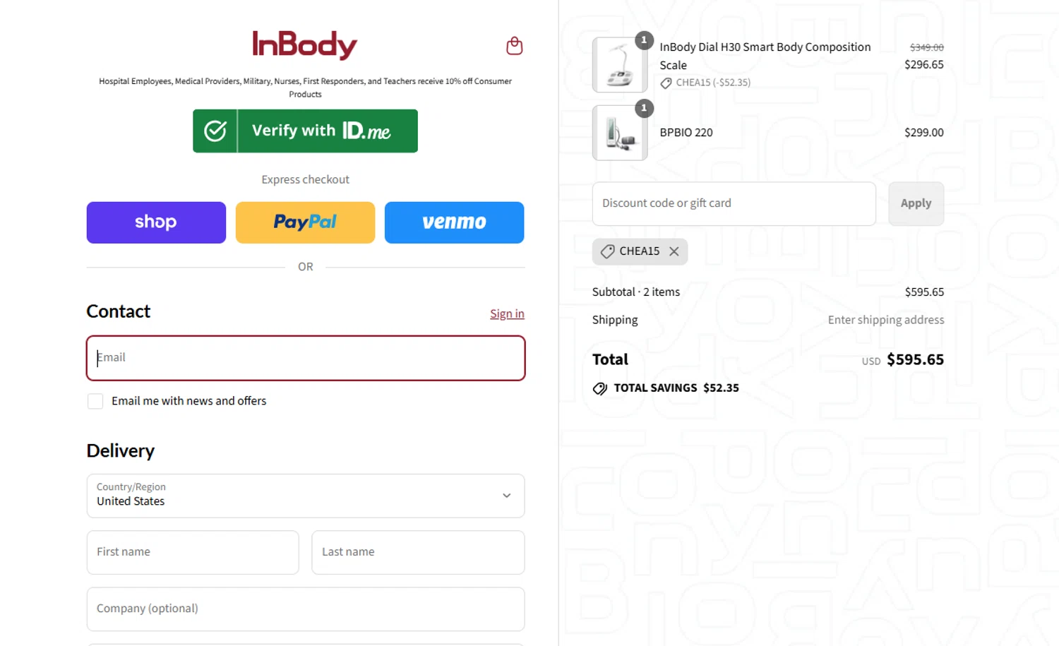 InBody USA discount code screenshot showing code CHEA15 applied at InBody USA checkout page. Uploaded by SimplyCodes community member SavvyLegend1586 on Sep 16, 2025