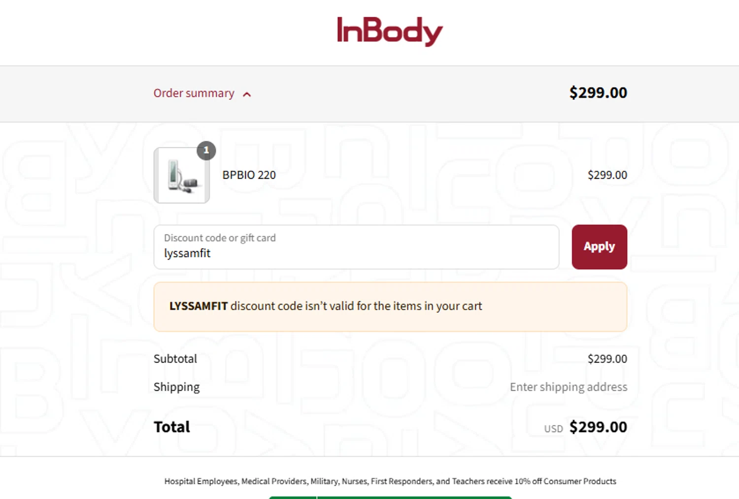 InBody USA discount code screenshot showing code lyssamfit applied at InBody USA checkout page. Uploaded by SimplyCodes community member ashe1986 on Sep 2, 2025