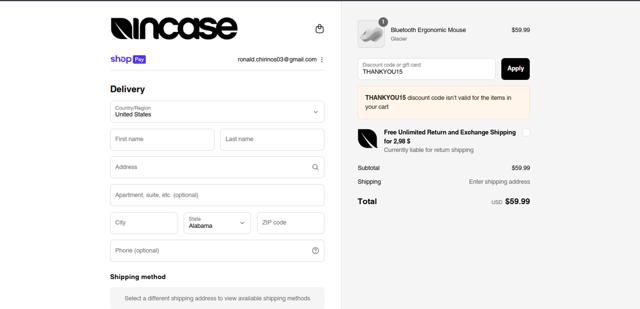 Incase checkout page showing Incase coupon code box | Screenshot taken by SimplyCodes community member on Aug 12, 2025