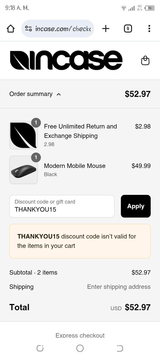 Incase checkout page showing Incase coupon code box | Screenshot taken by SimplyCodes community member on Sep 7, 2025