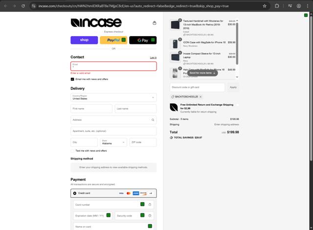 Incase checkout page showing Incase coupon code box | Screenshot taken by SimplyCodes community member on Sep 7, 2025