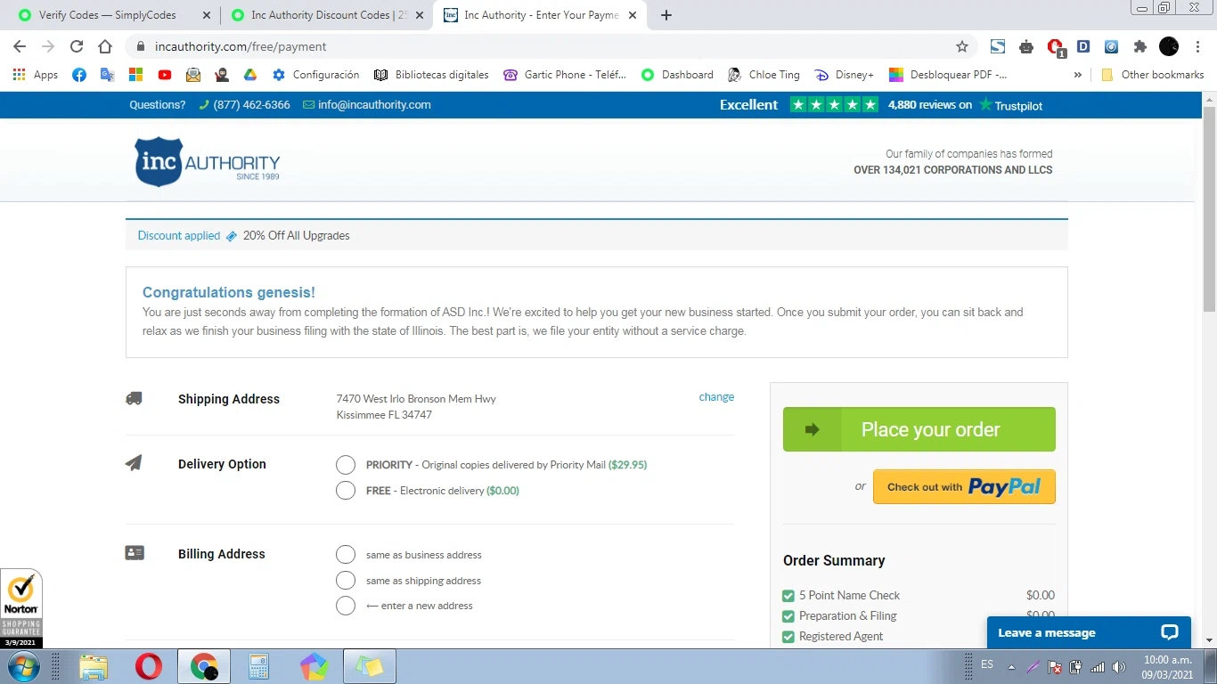 Inc Authority checkout page showing Inc Authority promo code box | Screenshot taken by SimplyCodes community member on Mar 9, 2021