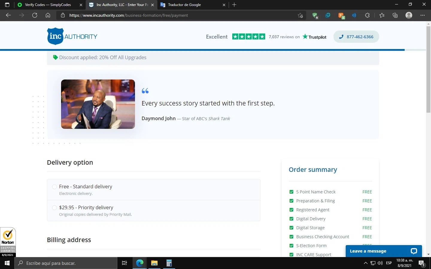 Inc Authority checkout page showing Inc Authority promo code box | Screenshot taken by SimplyCodes community member on Sep 8, 2021