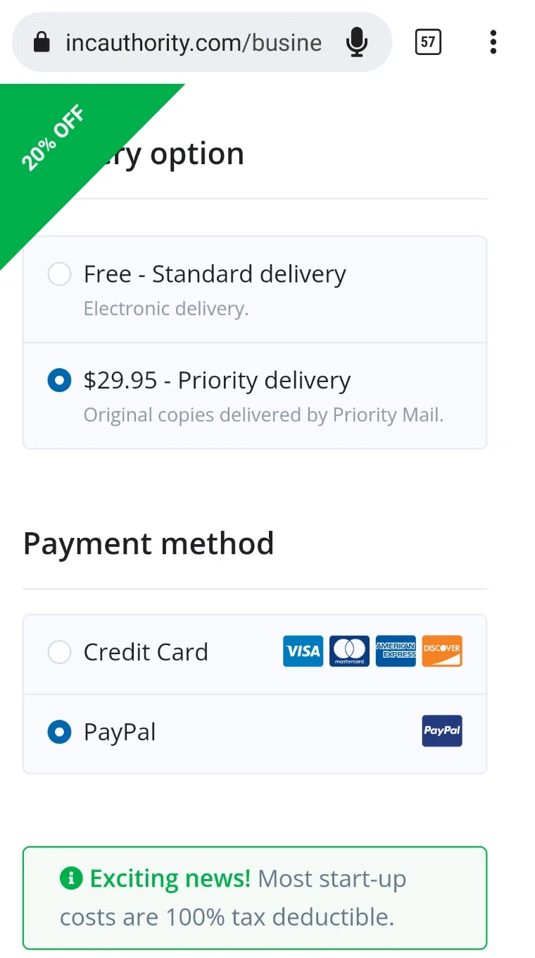 Inc Authority checkout page showing Inc Authority promo code box | Screenshot taken by SimplyCodes community member on Jul 23, 2022