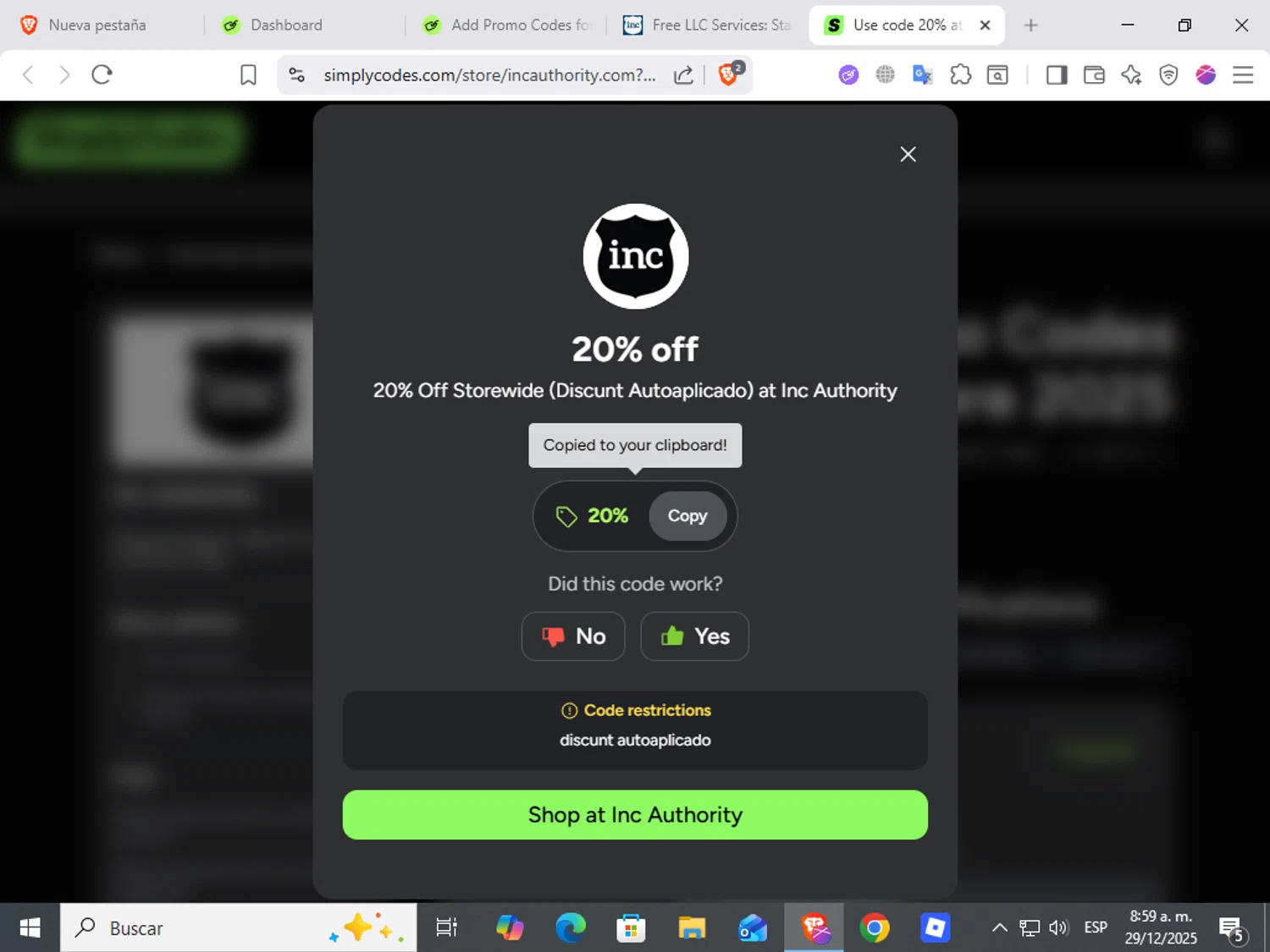 Inc Authority promo code screenshot showing code 20% applied at Inc Authority checkout page. Uploaded by SimplyCodes community member ScanWarden9985 on Dec 29, 2025