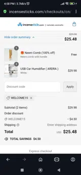 Welcome15 coupon verification screenshot