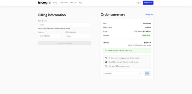 Incogni checkout page showing Incogni coupon code box | Screenshot taken by SimplyCodes community member on Sep 14, 2025