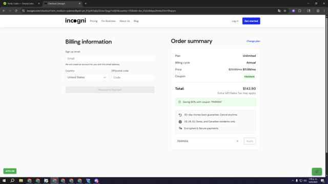 Incogni checkout page showing Incogni coupon code box | Screenshot taken by SimplyCodes community member on Sep 14, 2025