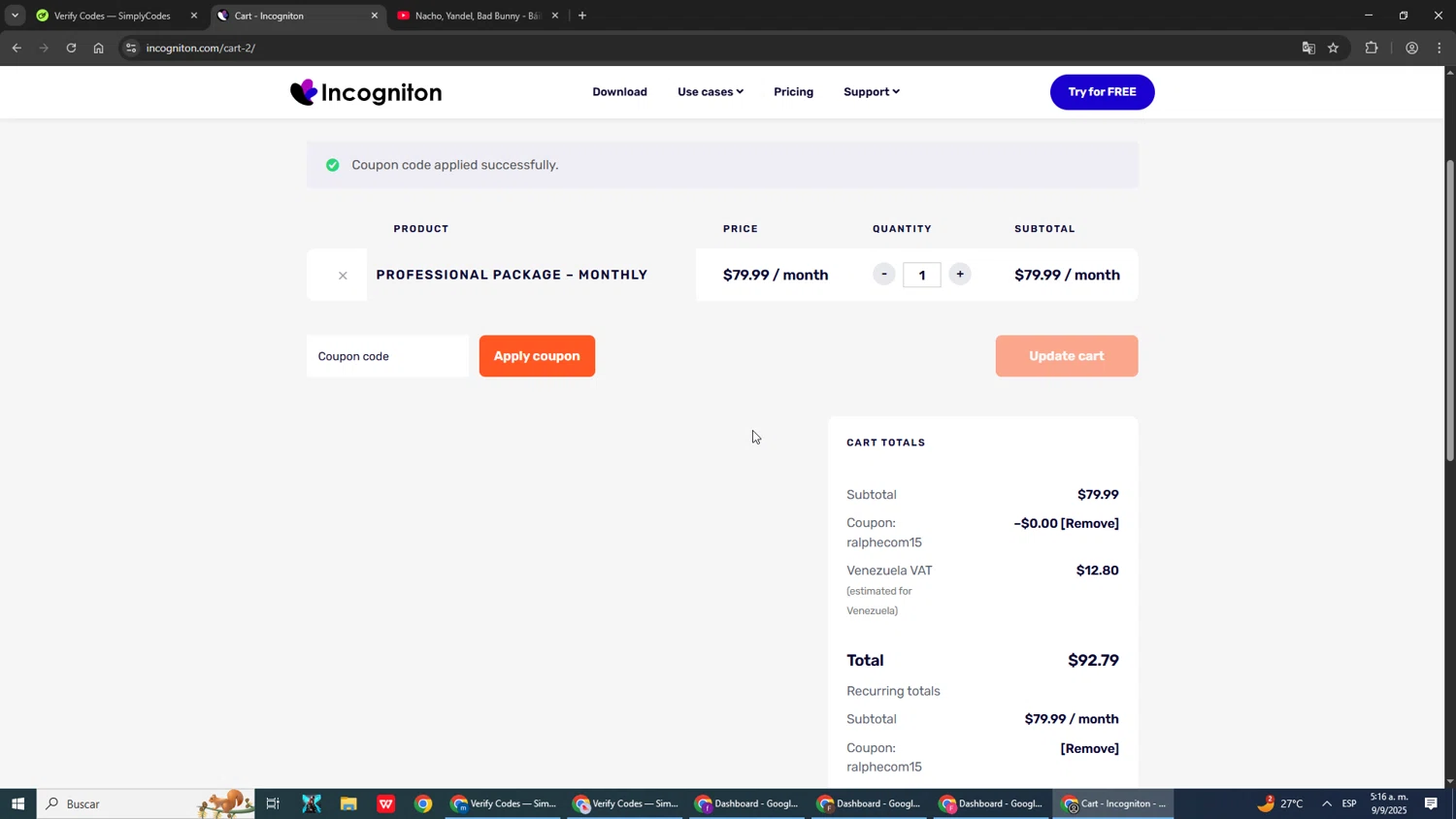 Incogniton coupon code screenshot showing code RALPHECOM15 applied at Incogniton checkout page. Uploaded by SimplyCodes community member ScanShopper554 on Sep 9, 2025