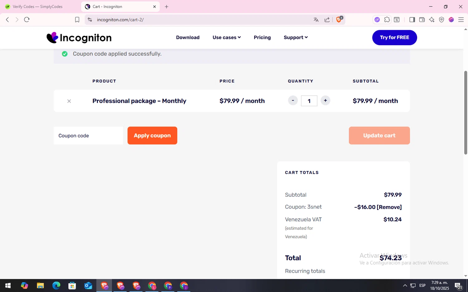 Incogniton checkout page showing Incogniton coupon code box | Screenshot taken by SimplyCodes community member on Oct 18, 2025