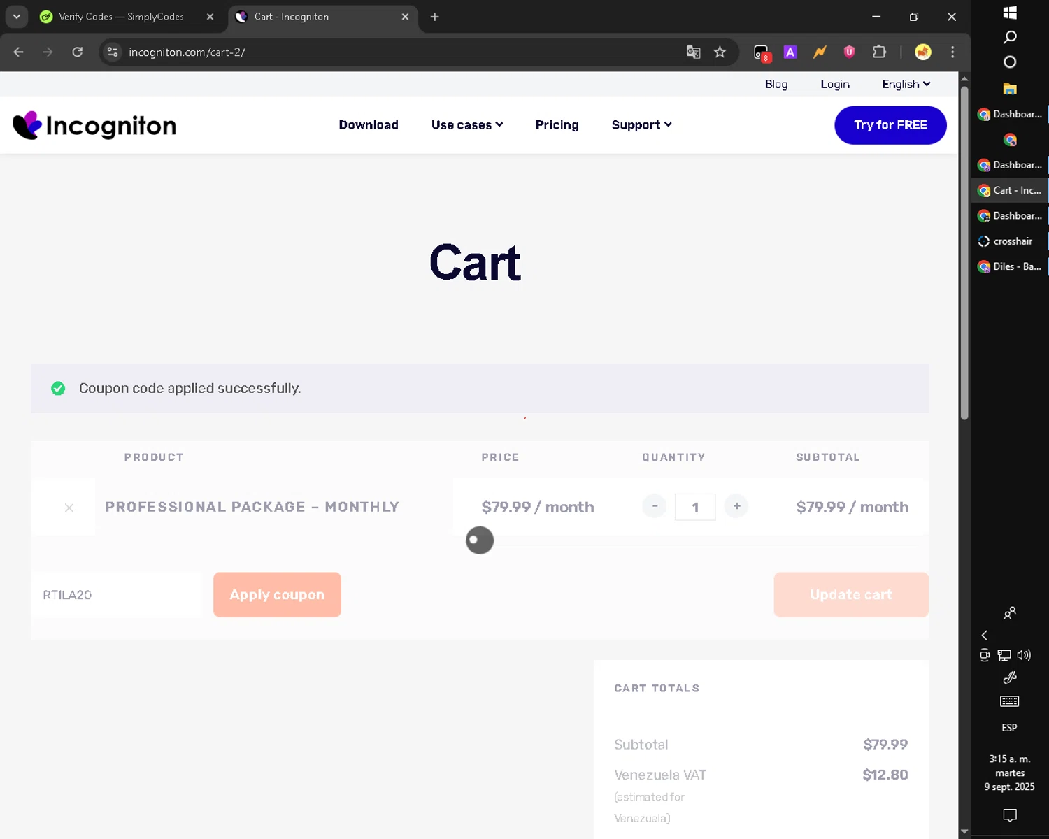 Incogniton coupon code screenshot showing code RTILA20 applied at Incogniton checkout page. Uploaded by SimplyCodes community member SmartMaverick5327 on Sep 9, 2025