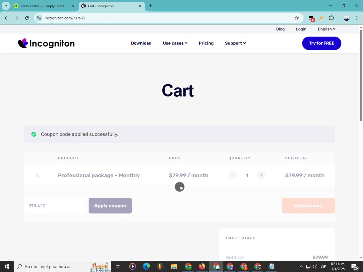 Incogniton coupon code screenshot showing code RTILA20 applied at Incogniton checkout page. Uploaded by SimplyCodes community member Soyvictor on Apr 1, 2025