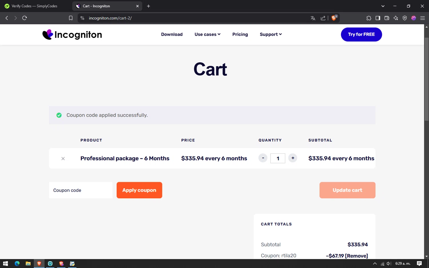 Incogniton coupon code screenshot showing code RTILA20 applied at Incogniton checkout page. Uploaded by SimplyCodes community member CouponElite4658 on Apr 1, 2025