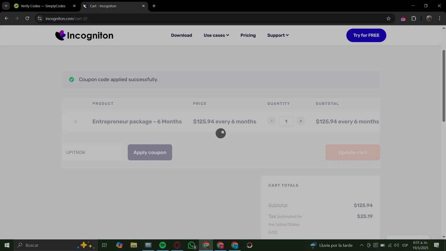 Incogniton coupon code screenshot showing code UPITNOW applied at Incogniton checkout page. Uploaded by SimplyCodes community member JolyneCujoh on Mar 19, 2025